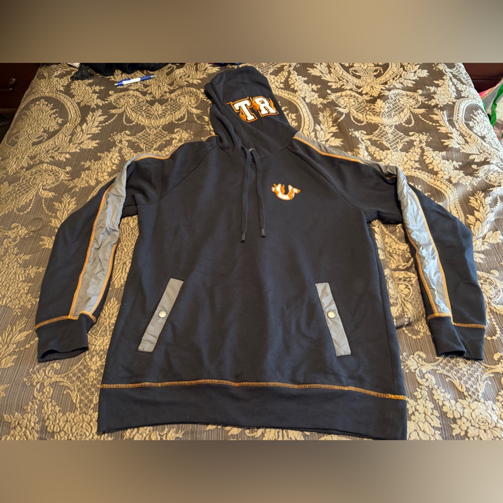 Vintage Y2K True Religion Hoodie Mens XL Black Orange Thick Stitch Biker Hoodie